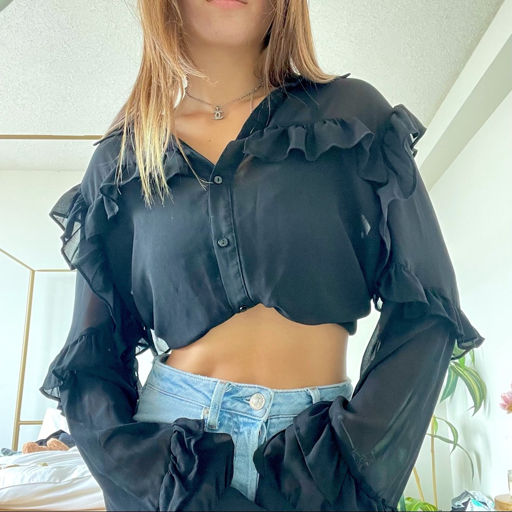 Sheer Black Button Down Top with Ruffles ♡